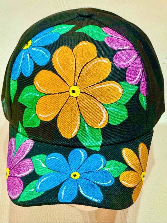 Artes Cammy Montes Accessories - Black Floral Painted Baseball Cap - Multicolor Flower Print